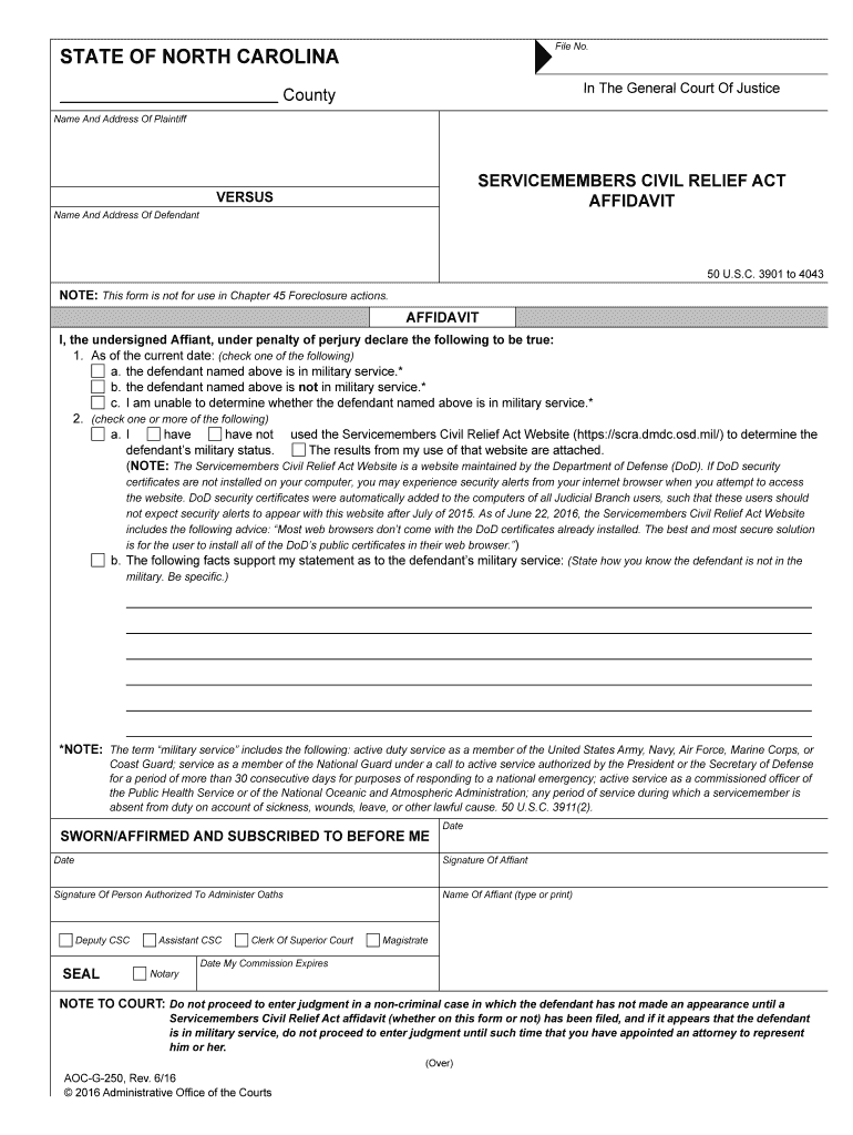 Fillable online nccourts servicemembers civil relief act affidavit