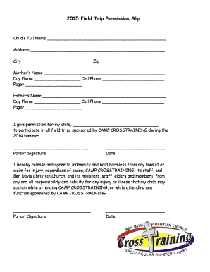 2015 Field Trip Permission Slip - Ben Davis Christian Church - bdcc