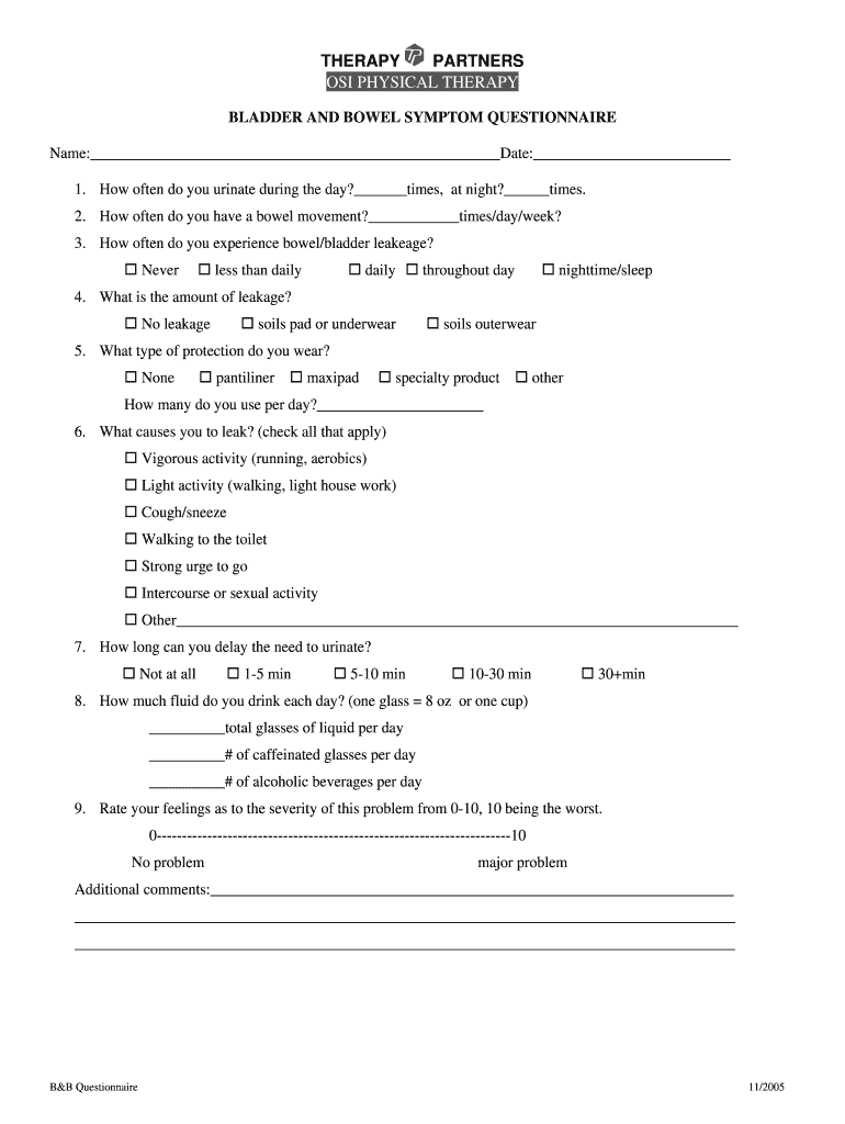 Fillable Online Bladder and bowel symptom questionnaire OSI Physical