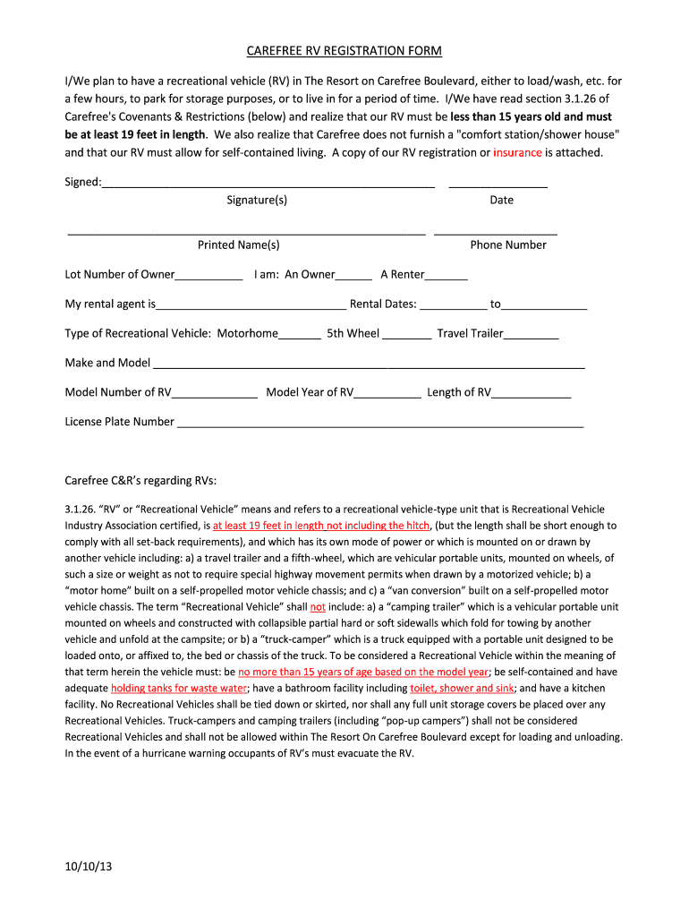 Fillable Online CAREFREE RV REGISTRATION FORM Fax Email Print pdfFiller