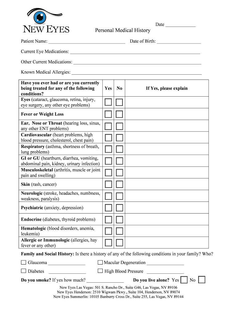 Fillable Online Personal Medical History 92010 - bneweyeslasvegasbbcomb ...