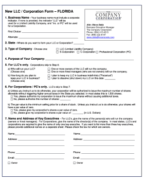 New LLC Corporation Form FLORIDA