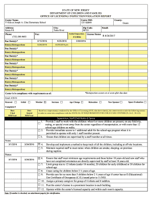 STATE OF NEW JERSEY DEPARTMENT OF CHILDREN AND FAMILIES OFFICE OF LICENSING/ INSPECTION/VIOLATION REPORT Center Name: YKids at Joseph A - nj