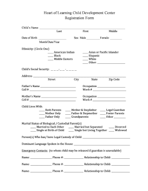 Heart of Learning Child Development Center Registration Form