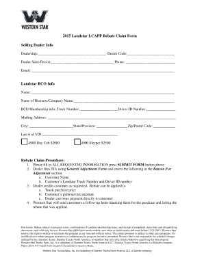 2015 Landstar LCAPP Rebate Claim Form Selling Dealer Info