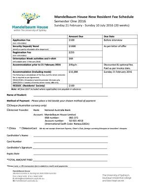 BMandelbaumb House New Resident Fee Schedule Semester One 2016 - mandelbaum usyd edu