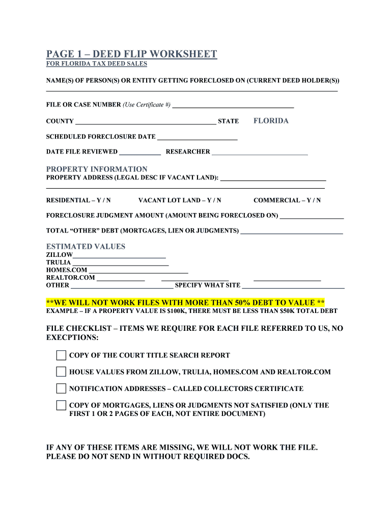 Fillable Online FLORIDA DEED FLIP WORKSHEET TAX DEED SALES Fax Email Print pdfFiller