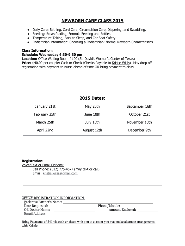Fillable Online NEWBORN CARE CLASS 2015 2015 Dates Fax Email Print