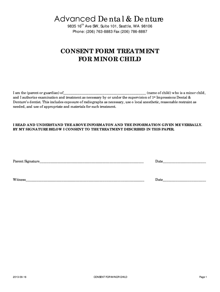 Fillable Online Consent Form for Treatment for Minor Fax Email Print ...