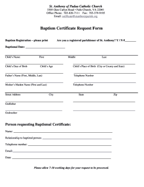 Certificate of water baptism - Baptism Certificate Request Form - stanthonyparishorg