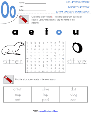 fillable online esl phonics world name nursery 1 phonics class date short vowels o word search circle the short vowel o fax email print pdffiller