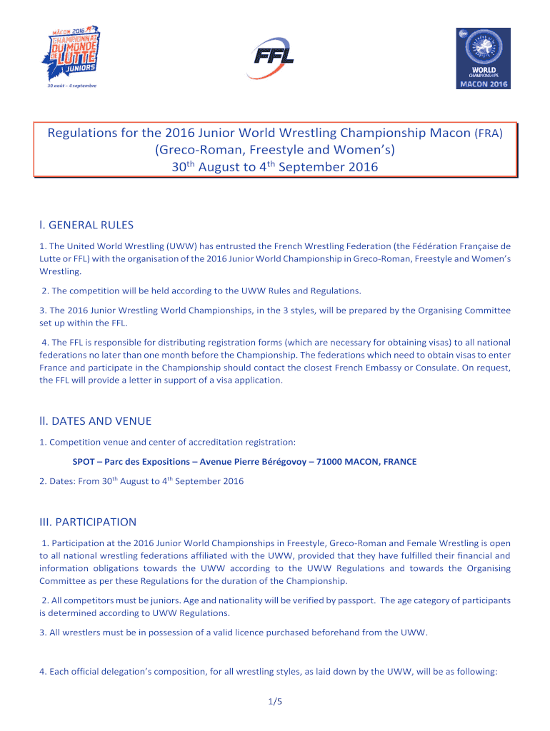 Fillable Online Regulations for the 2016 Junior World Wrestling