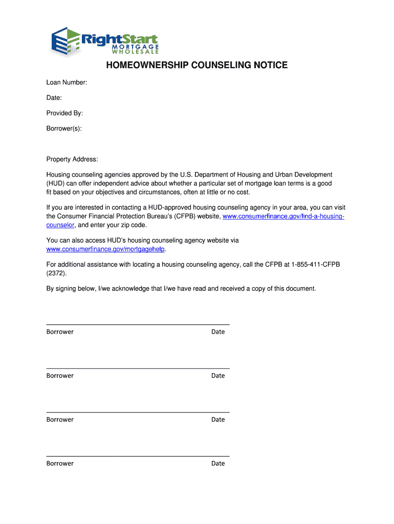 Fillable Online HOMEOWNERSHIP COUNSELING NOTICE Fax