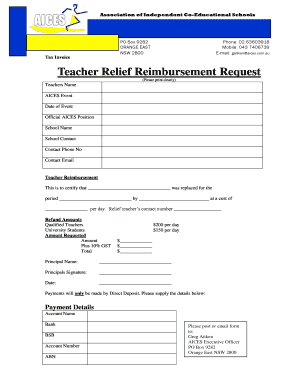 Tax Invoice Teacher Relief Reimbursement Request