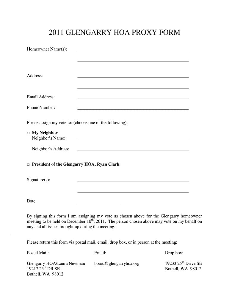 Fillable Online glengarryhoa 2011 GLENGARRY HOA PROXY FORM Homeowner