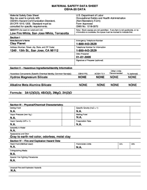 MATERIAL SAFETY DATA SHEET OSHA-20 DATA