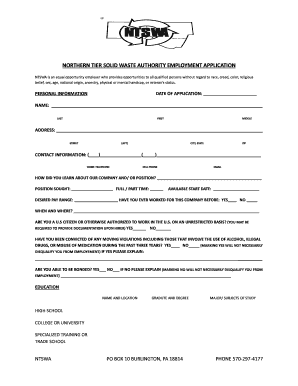 NORTHERN TIER SOLID WASTE AUTHORITY EMPLOYEMENT APPLICATION - ntswa