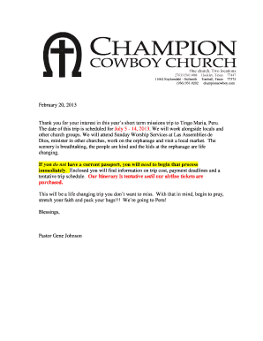 The following is a sample letter that can be sent to family and friends to aid in your trip