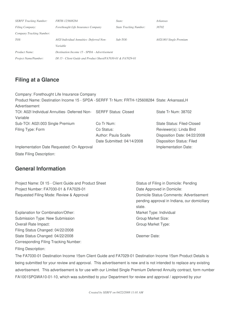 Fillable Online insurance arkansas Filing FRTH125608284. Filing FRTH125608284 insurance