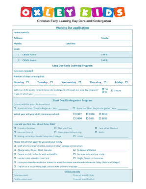 Day Care and Kindergarten Waiting List Application
