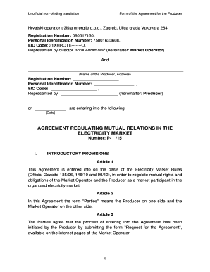 Agreement regulating mutual relations in the electricity market. Form of the agreement for producer - files hrote