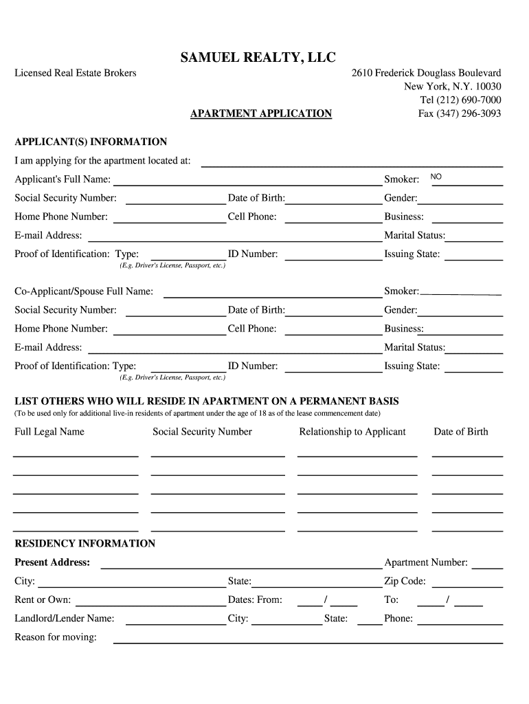 Fillable Online APARTMENT APPLICATION Fax (347) 2963093 Fax Email
