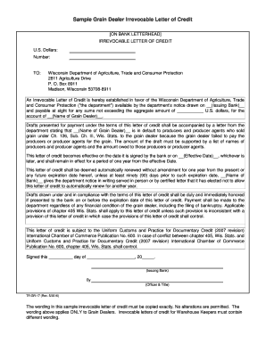 Proposal letter sample - Sample Grain Dealer Irrevocable Letter of Credit - datcp wi