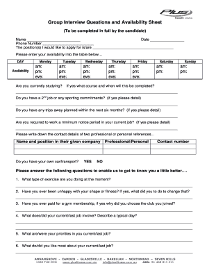 Group Interview Questions and Availability Sheet