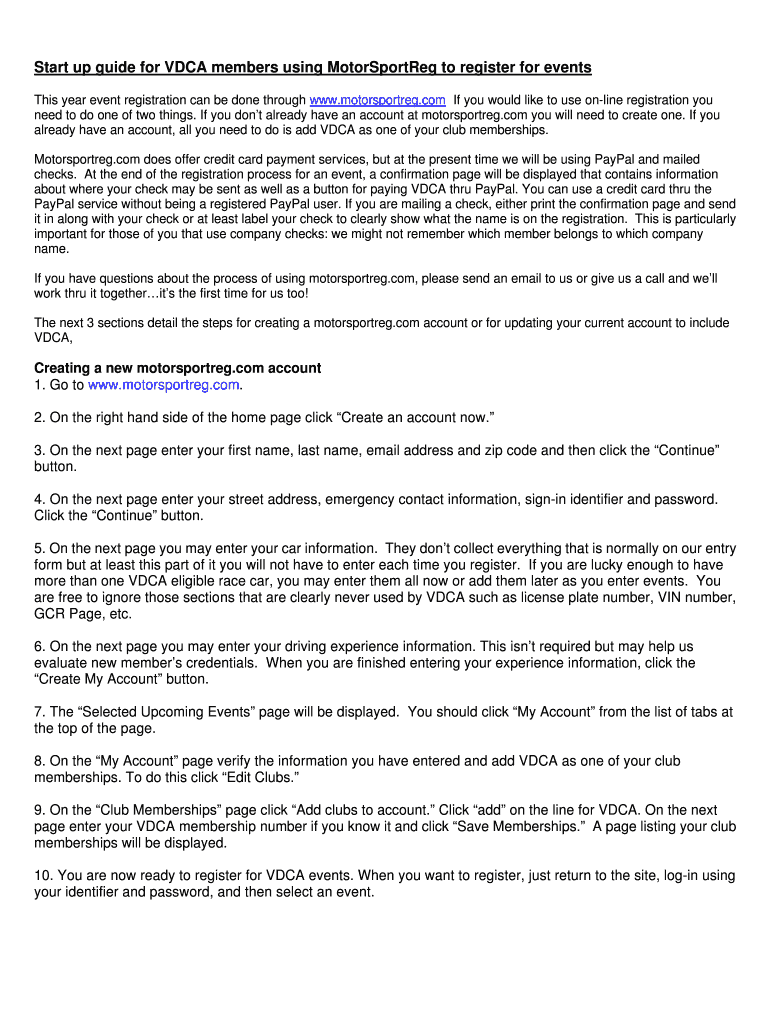 Fillable Online Start up guide for VDCA members using MotorSportReg to