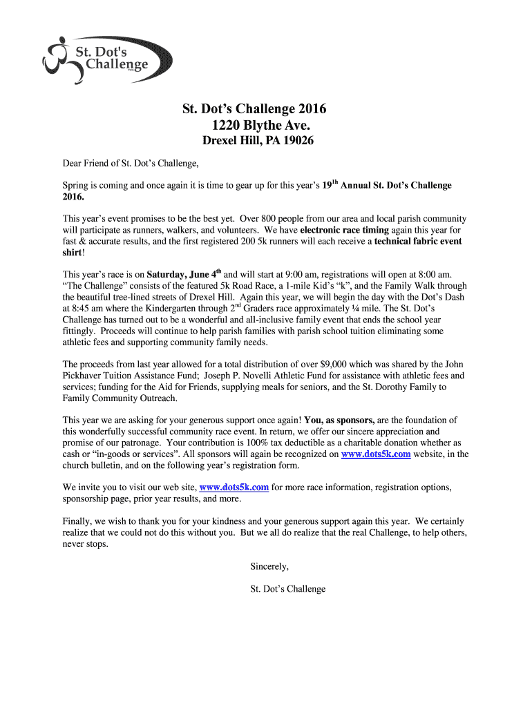 Fillable Online St. Dots Challenge 2016 1220 Blythe Ave. Drexel Hill