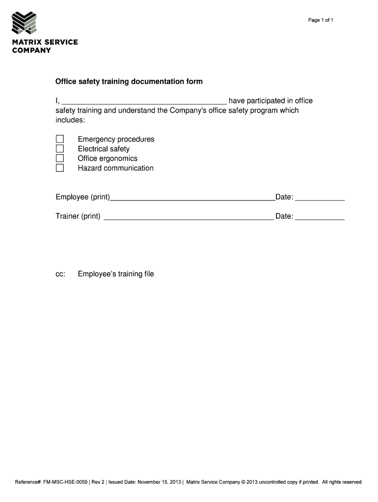 Fillable Online Office safety training documentation form Fax Email