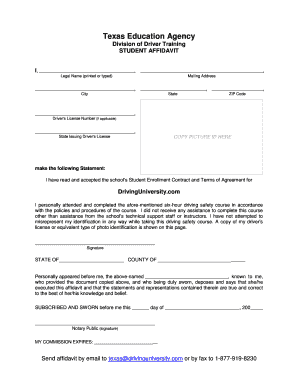 Affidavit of loss plate number - Division of Driver Training STUDENT AFFIDAVIT