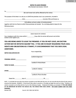 How to write a 30 day eviction notice - NOTICE TO LEAVE PREMISES Ohio Revised Code Section 1923 - tiffinfostoriamunicipalcourt