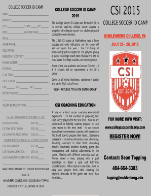 COLLEGE SOCCER ID CAMP NAME: ADDRESS: CITY: STATE: ZIP: DOB: HS GRAD YEAR: EMAIL: HOME PHONE: CELL PHONE: EMERGENCY CONTACT: PHONE NUMBER: POSITION: CLUB TEAM: HIGH SCHOOL: GPA: SAT: ACT: RECENT INJURIES: COLLEGE SOCCER ID CAMP 2015 The