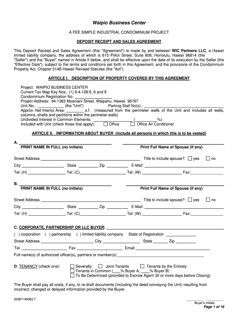 Fillable Online Purchase and Sales Agreement Waipio Business Center 7