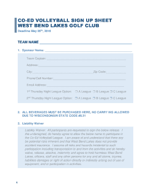 fillable online co ed volleyball sign up sheet west bend lakes golf