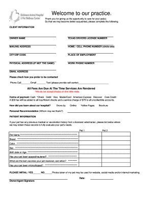 Fillable Online Welcome to our practice. - Dickinson Animal Hospital ...