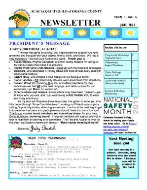 ACACIA QUILT GUILD of ORANGE COUNTY VOLUME 7 ISSUE 12 NEWSLETTER JUNE 2011 PRESIDENTS MESSAGE HAPPY BIRTHDAY, ACACIA - acaciaquiltguild