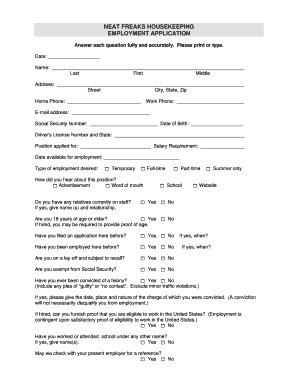 Fillable Online NEAT FREAKS HOUSEKEEPING EMPLOYMENT APPLICATION Fax ...