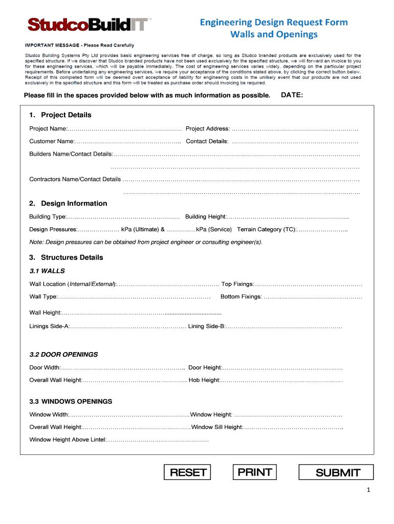 Fillable Online Engineering Design Request Form Walls and Openings Fax ...