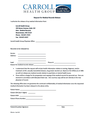 Fillable Online Records Release Form - Carroll Health Group Fax Email Print - Pdffiller
