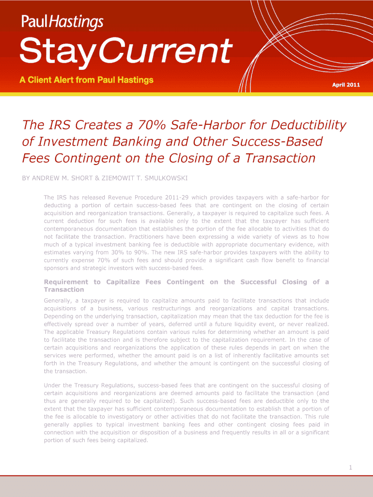 Fillable Online The IRS Creates a 70 SafeHarbor for Deductibility Fax