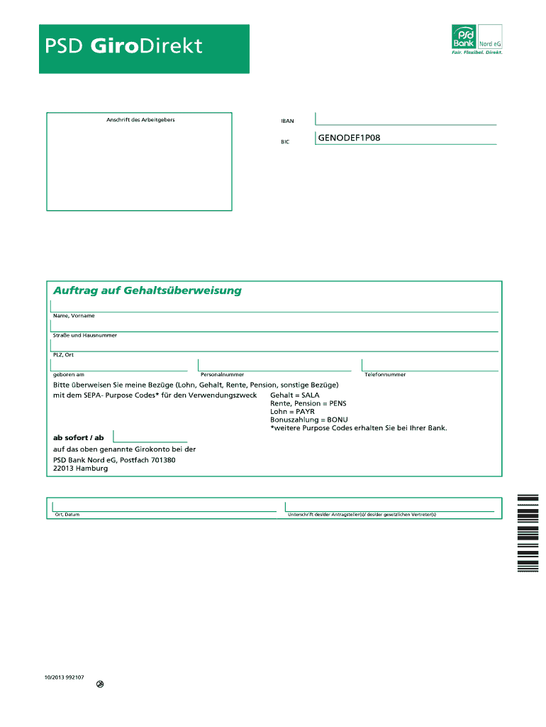 Fillable Online Psd nord 10 2013 992107 PSD GiroDirekt Anschrift Des 