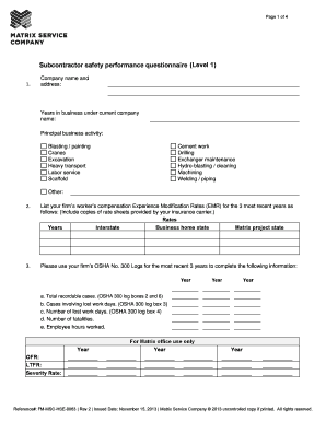 Subcontractor safety performance questionnaire (Level 1)