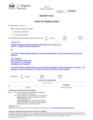 SOCIETY ACT COPY OF RESOLUTION
