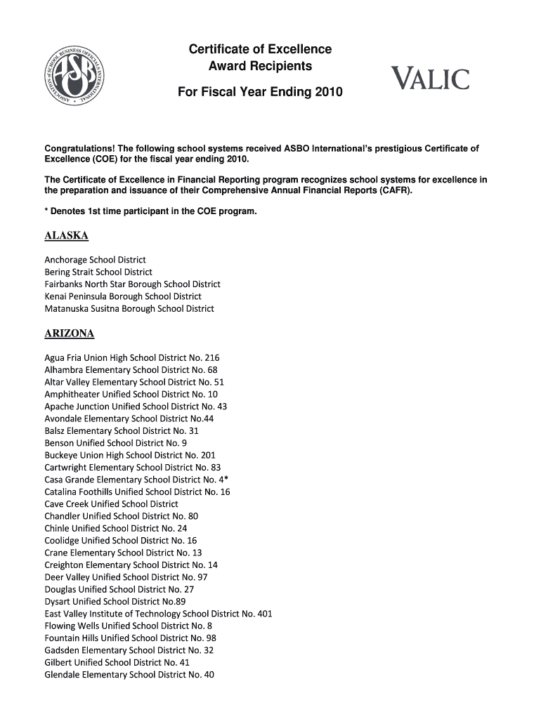 Fillable Online asbointl Certificate of Excellence in Financial