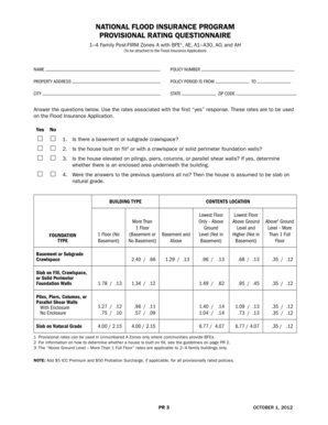 National Flood Insurance Provisional Rating Questionnaire