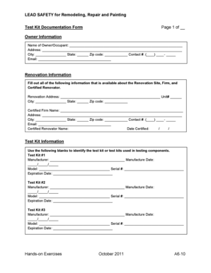 Lead Safety Test Kit Documentation Form