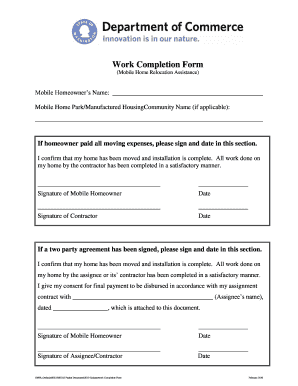 Work Completion Form for Mobile Home Relocation