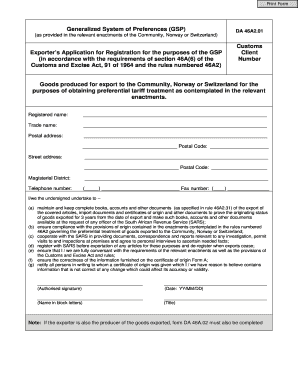 GSP Exporter’s Registration Application